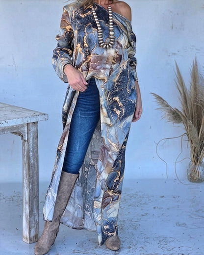 Marble Print Three Quarters Sleeve Cold Shoulder Blouse Casual Asymmetrical Hem Longline Loose Top