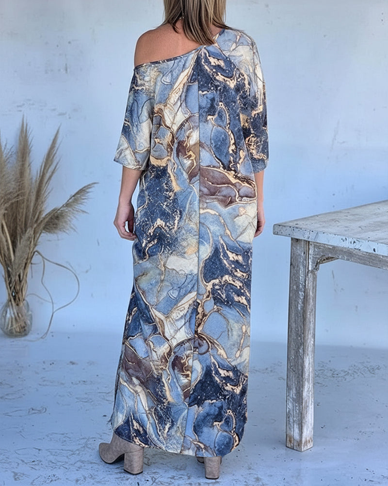 Marble Print Three Quarters Sleeve Cold Shoulder Blouse Casual Asymmetrical Hem Longline Loose Top