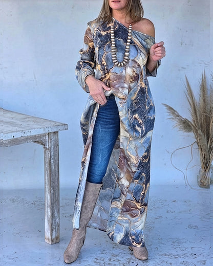 Marble Print Three Quarters Sleeve Cold Shoulder Blouse Casual Asymmetrical Hem Longline Loose Top