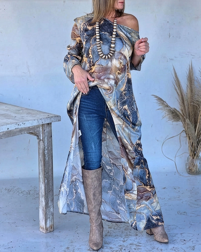 Marble Print Three Quarters Sleeve Cold Shoulder Blouse Casual Asymmetrical Hem Longline Loose Top