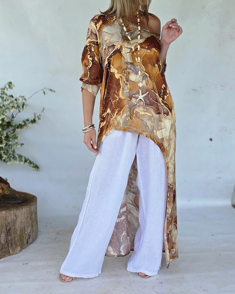 Marble Print Three Quarters Sleeve Cold Shoulder Blouse Casual Asymmetrical Hem Longline Loose Top