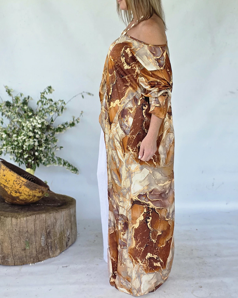 Marble Print Three Quarters Sleeve Cold Shoulder Blouse Casual Asymmetrical Hem Longline Loose Top
