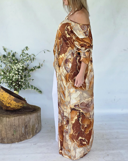 Marble Print Three Quarters Sleeve Cold Shoulder Blouse Casual Asymmetrical Hem Longline Loose Top