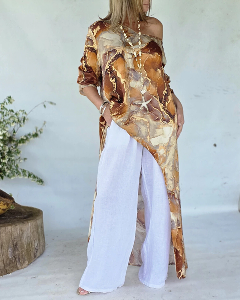 Marble Print Three Quarters Sleeve Cold Shoulder Blouse Casual Asymmetrical Hem Longline Loose Top