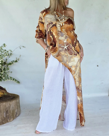 Marble Print Three Quarters Sleeve Cold Shoulder Blouse Casual Asymmetrical Hem Longline Loose Top