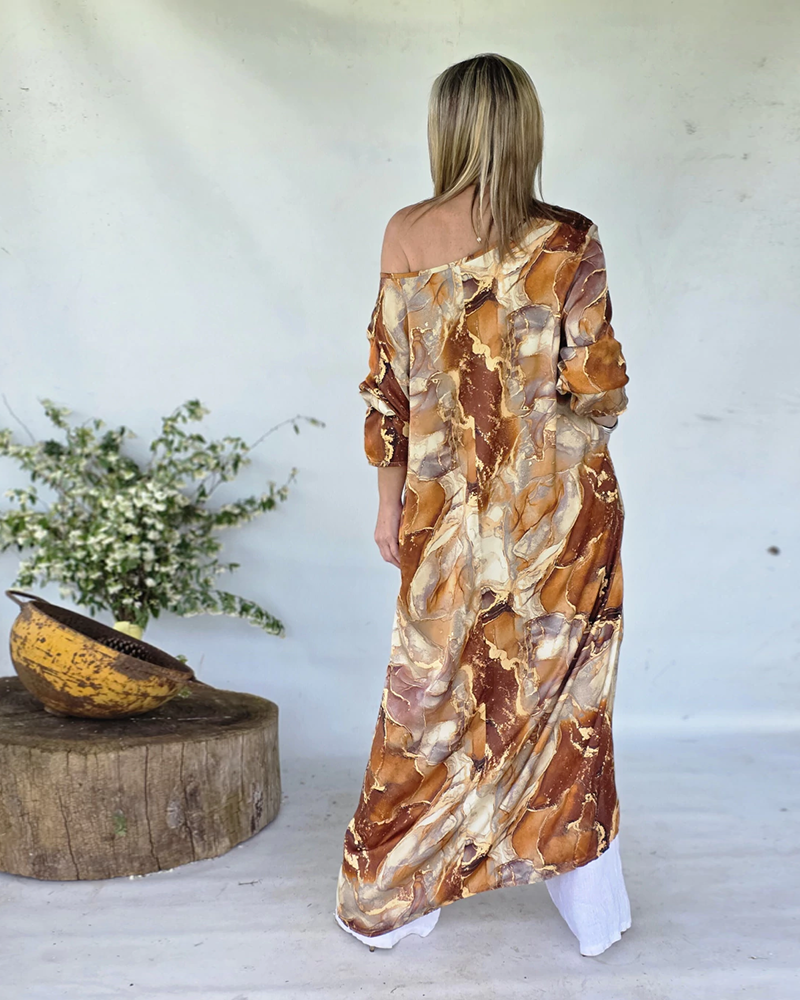 Marble Print Three Quarters Sleeve Cold Shoulder Blouse Casual Asymmetrical Hem Longline Loose Top