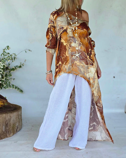Marble Print Three Quarters Sleeve Cold Shoulder Blouse Casual Asymmetrical Hem Longline Loose Top