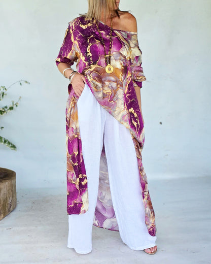 Marble Print Three Quarters Sleeve Cold Shoulder Blouse Casual Asymmetrical Hem Longline Loose Top