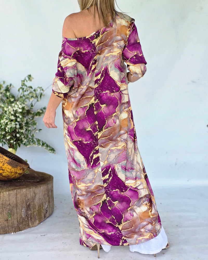 Marble Print Three Quarters Sleeve Cold Shoulder Blouse Casual Asymmetrical Hem Longline Loose Top