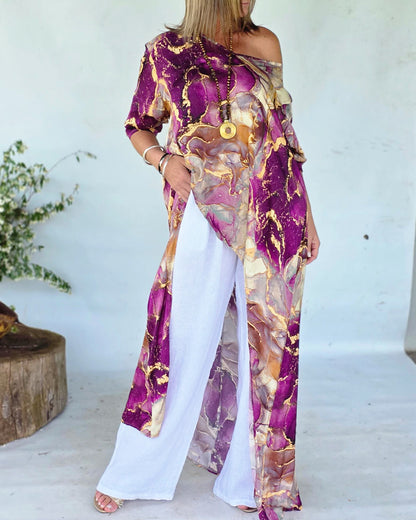 Marble Print Three Quarters Sleeve Cold Shoulder Blouse Casual Asymmetrical Hem Longline Loose Top