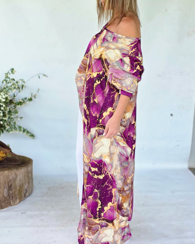 Marble Print Three Quarters Sleeve Cold Shoulder Blouse Casual Asymmetrical Hem Longline Loose Top