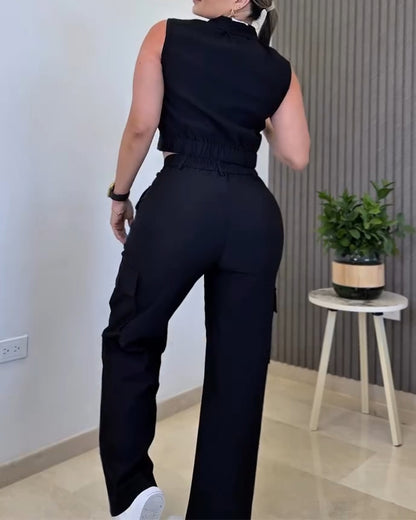 Stylish Plain Two-piece Set 3D Cargo Pockets Sleeveless Tank Top and Casual High Waist Wide Leg Pants Set