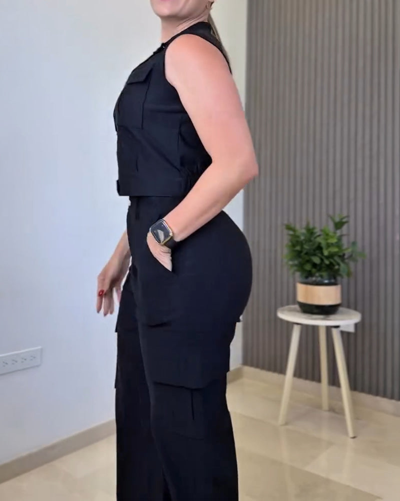 Stylish Plain Two-piece Set 3D Cargo Pockets Sleeveless Tank Top and Casual High Waist Wide Leg Pants Set