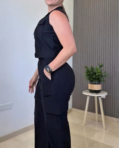 Stylish Plain Two-piece Set 3D Cargo Pockets Sleeveless Tank Top and Casual High Waist Wide Leg Pants Set