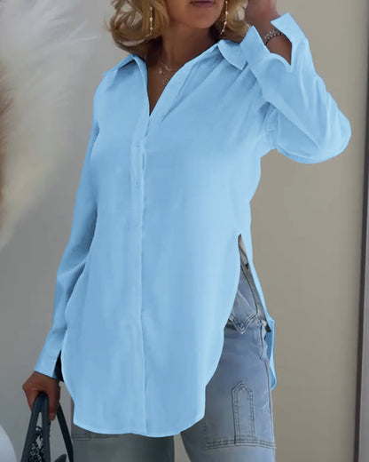 Classic Plain Long Sleeve Blouse with Turn-down Collar Casual Button Front Slit Top