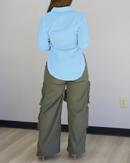 Classic Plain Long Sleeve Blouse with Turn-down Collar Casual Button Front Slit Top