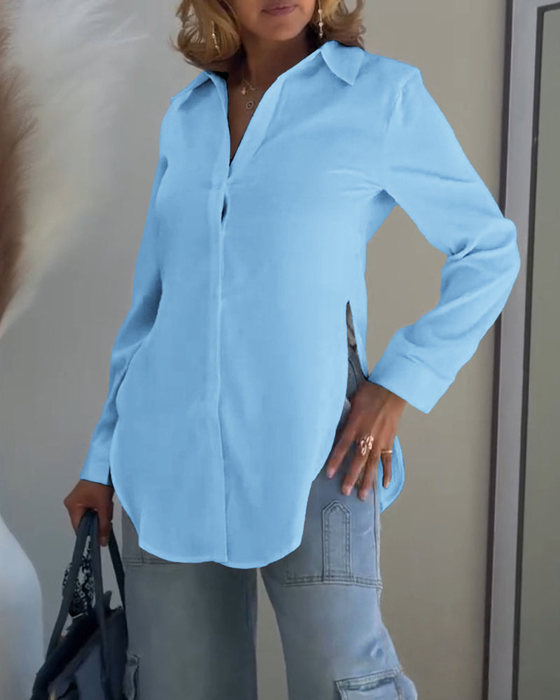 Classic Plain Long Sleeve Blouse with Turn-down Collar Casual Button Front Slit Top