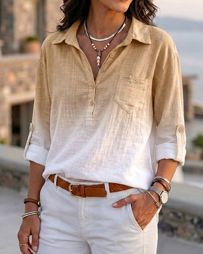 Ombre Turn-down Collar Roll Up Sleeve Half Button Front Shirt Casual Pocket Design Loose Fit Top