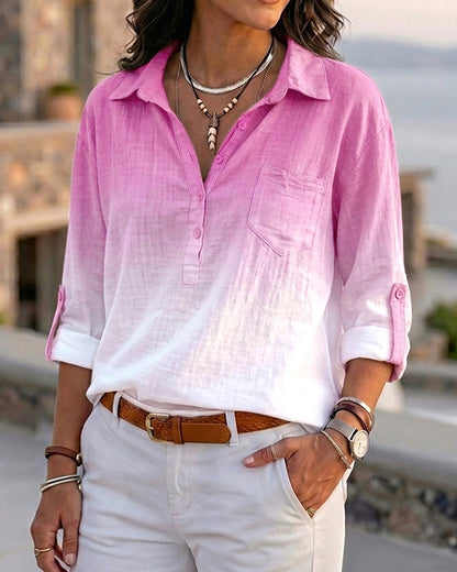 Ombre Turn-down Collar Roll Up Sleeve Half Button Front Shirt Casual Pocket Design Loose Fit Top