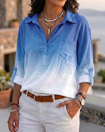 Ombre Turn-down Collar Roll Up Sleeve Half Button Front Shirt Casual Pocket Design Loose Fit Top