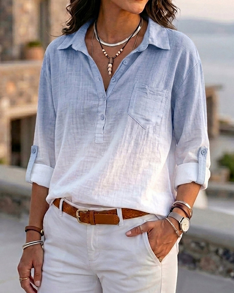 Ombre Turn-down Collar Roll Up Sleeve Half Button Front Shirt Casual Pocket Design Loose Fit Top