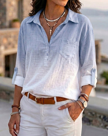 Ombre Turn-down Collar Roll Up Sleeve Half Button Front Shirt Casual Pocket Design Loose Fit Top