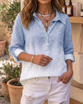 Ombre Turn-down Collar Roll Up Sleeve Half Button Front Shirt Casual Pocket Design Loose Fit Top