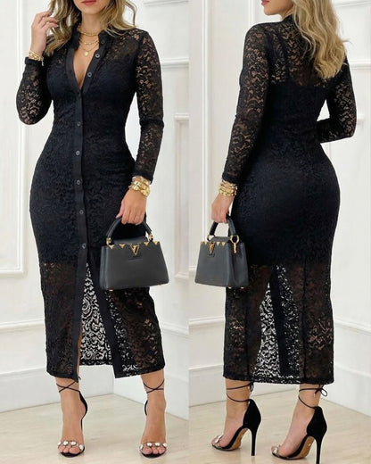 CHICME Women's Stand Collar Floral Lace Mid-length Dress Long Sleeve Button Down Bodycon Dress with Cami Lining Set