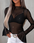 Top de malla transparente con pedrería para mujer, cuello alto simulado, mangas largas, bajo con volantes y puños acampanados; blusa brillante ajustada para salir de fiesta
