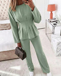 CHICME Women's Two-Piece Set Cinched Waist Long Sleeve Top and High-Waist Wide-Leg Pants Loose Commuting Set