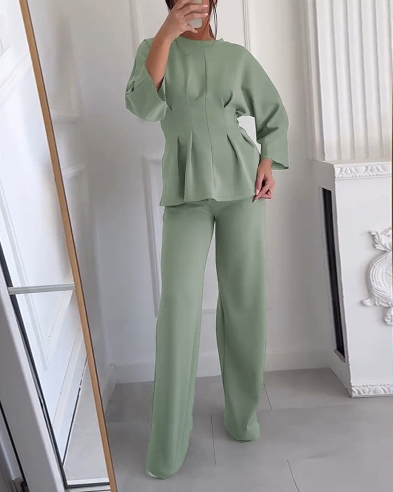 CHICME Women's Two-Piece Set Cinched Waist Long Sleeve Top and High-Waist Wide-Leg Pants Loose Commuting Set