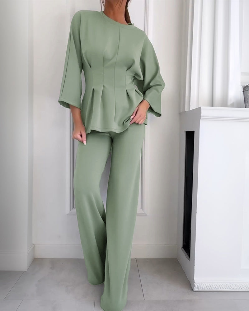 CHICME Women's Two-Piece Set Cinched Waist Long Sleeve Top and High-Waist Wide-Leg Pants Loose Commuting Set