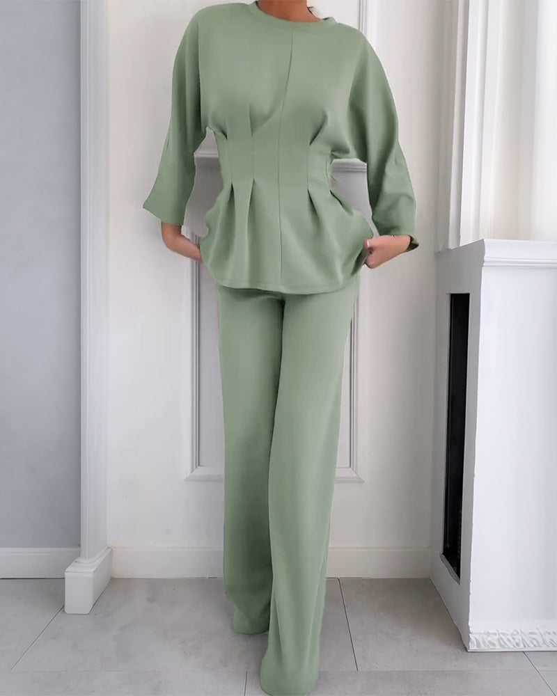 CHICME Women's Two-Piece Set Cinched Waist Long Sleeve Top and High-Waist Wide-Leg Pants Loose Commuting Set