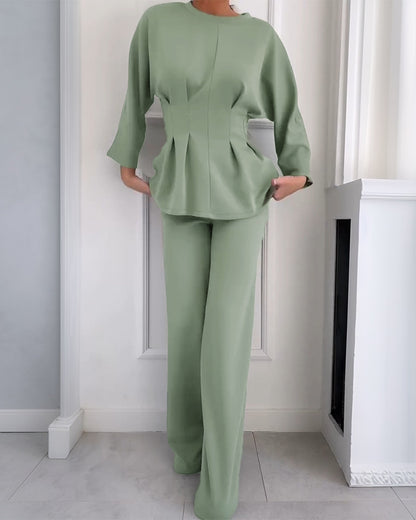 CHICME Women's Two-Piece Set Cinched Waist Long Sleeve Top and High-Waist Wide-Leg Pants Loose Commuting Set