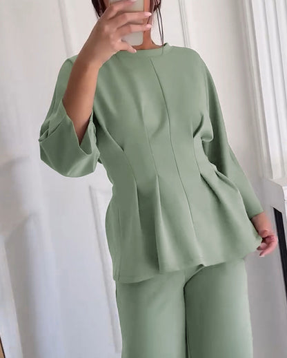 CHICME Women's Two-Piece Set Cinched Waist Long Sleeve Top and High-Waist Wide-Leg Pants Loose Commuting Set