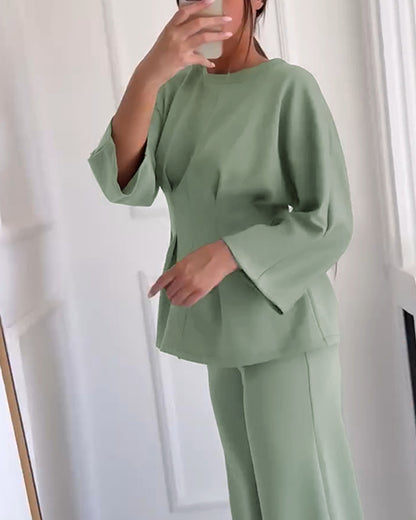 CHICME Women's Two-Piece Set Cinched Waist Long Sleeve Top and High-Waist Wide-Leg Pants Loose Commuting Set
