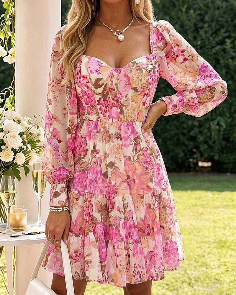 Women's French Floral Dress Sweetheart Neck Puff Sleeve Ruffle A Line Dress Casual Tied Detail Shirred Vacation Dress
