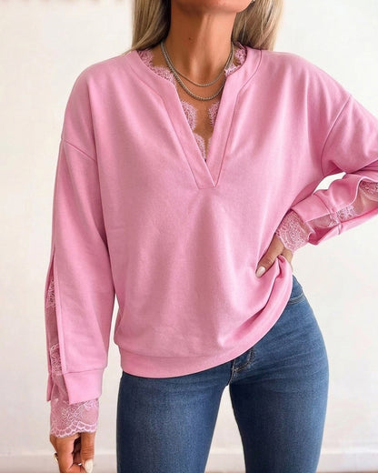 Women's Lace Patchwork Notch Neck Sweatshirt Casual Drop Shoulder Pullover Split Sleeve Top