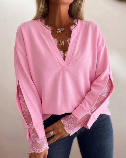 Women's Lace Patchwork Notch Neck Sweatshirt Casual Drop Shoulder Pullover Split Sleeve Top