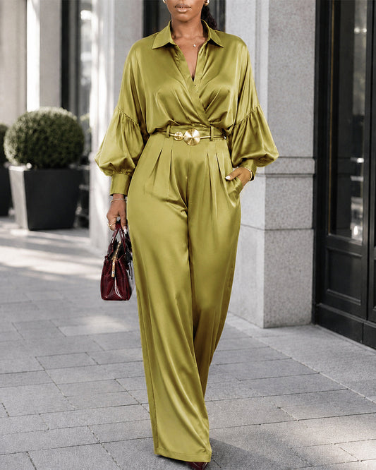 Women's Two Piece Satin Outfit Turn-down Collar Wrap Crop Shirt and Wide Leg Pants Set Elegant Matching Set