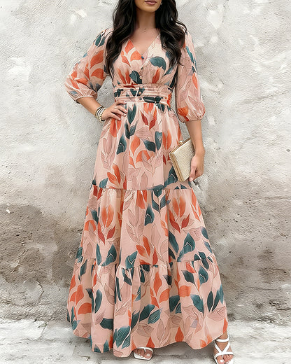 Plants Print V-Neck Half Sleeve Shirred Back Maxi Dress Casual Button Decor Ruched Ruffle Hem Vacation Dress