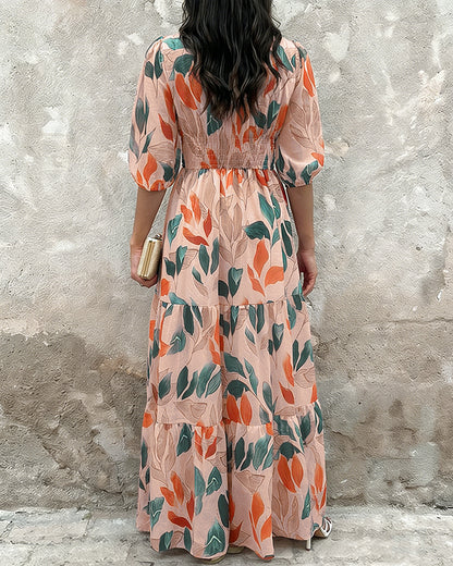 Plants Print V-Neck Half Sleeve Shirred Back Maxi Dress Casual Button Decor Ruched Ruffle Hem Vacation Dress