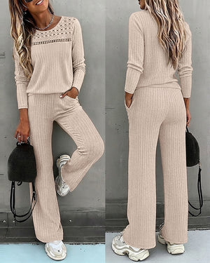 Women's Ribbed Knit Brushed Set Lace Patchwork Long Sleeve Top and Wide Leg Pants 2 Piece Lounge Set with Pockets