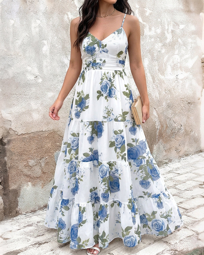 Women's Floral Print Maxi Dress Ruffle Hem Cami Dress V Neck Shirred Summer Vacation Boho Long Dress with Built-In Bra 1 Women's Floral Print Maxi Dress Ruffle Hem Cami Dress V Neck Shirred Summer Vacation Boho Long Dress with Built-In Bra