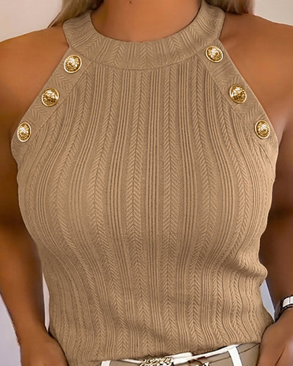 Women's Halter Neck Knit Tank Top Gold Button Cable Knit Vest Sleeveless Slim Fit Ribbed Top