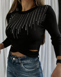 Women's Rhinestone Ribbed Knit Top Crisscross Cutout Waist Crop Tee Long Sleeve Slim Fit Layering Top