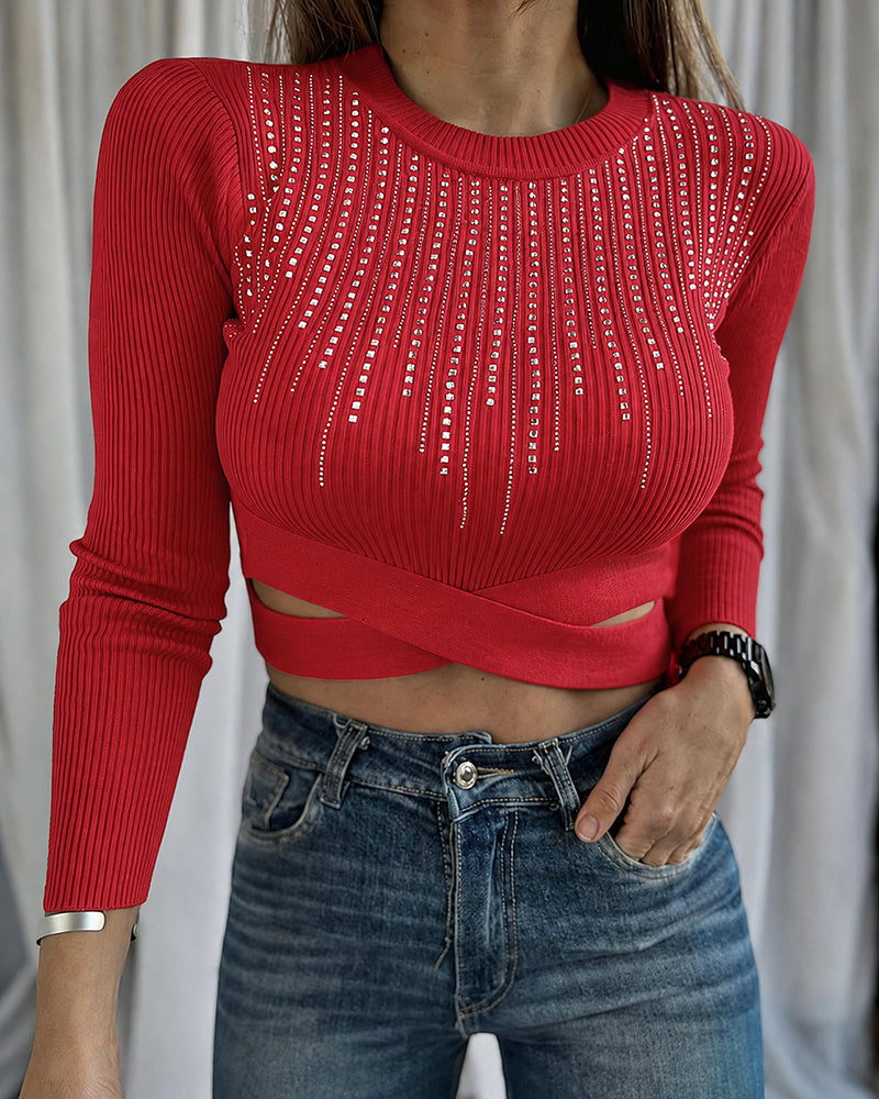 Women's Rhinestone Ribbed Knit Top Crisscross Cutout Waist Crop Tee Long Sleeve Slim Fit Layering Top