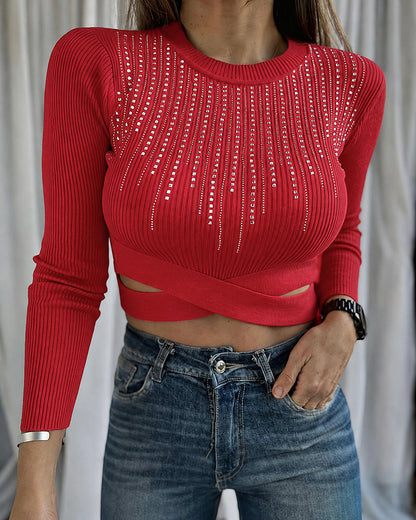 Women's Rhinestone Ribbed Knit Top Crisscross Cutout Waist Crop Tee Long Sleeve Slim Fit Layering Top