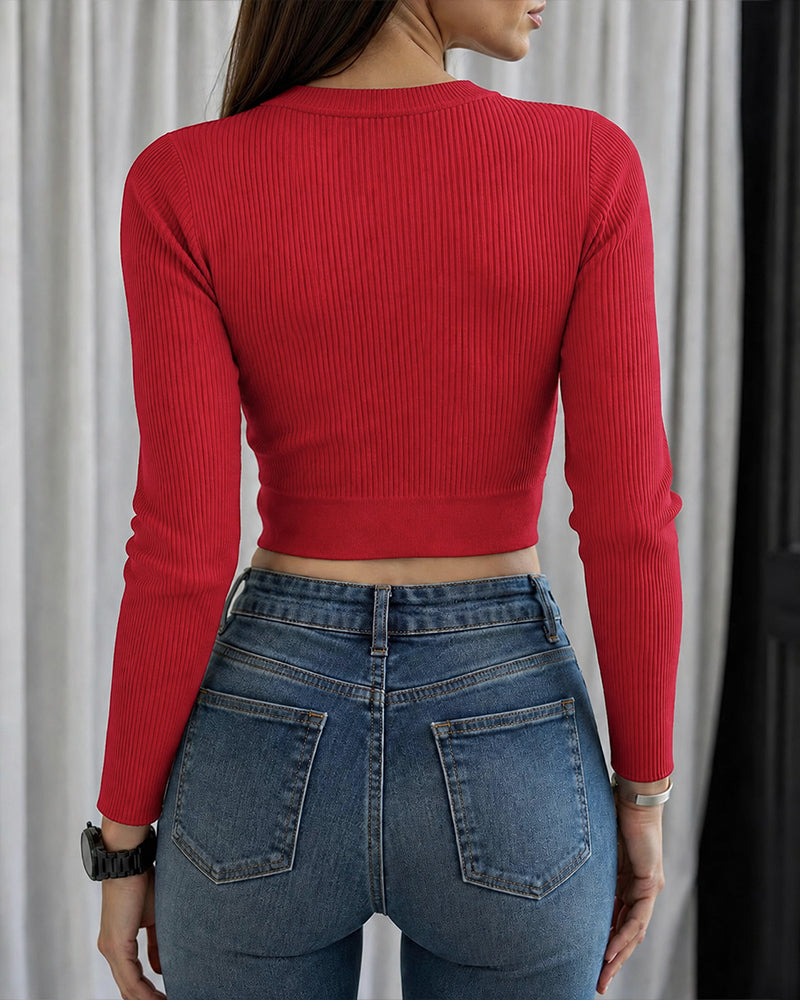 Women's Rhinestone Ribbed Knit Top Crisscross Cutout Waist Crop Tee Long Sleeve Slim Fit Layering Top