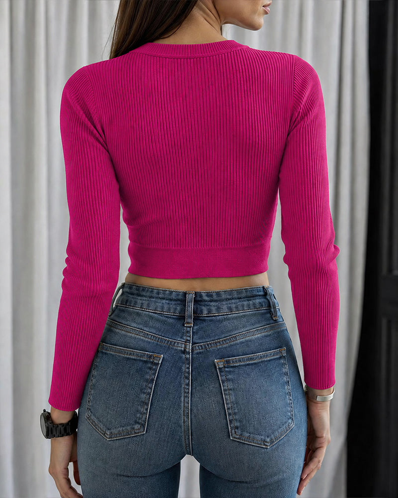 Women's Rhinestone Ribbed Knit Top Crisscross Cutout Waist Crop Tee Long Sleeve Slim Fit Layering Top